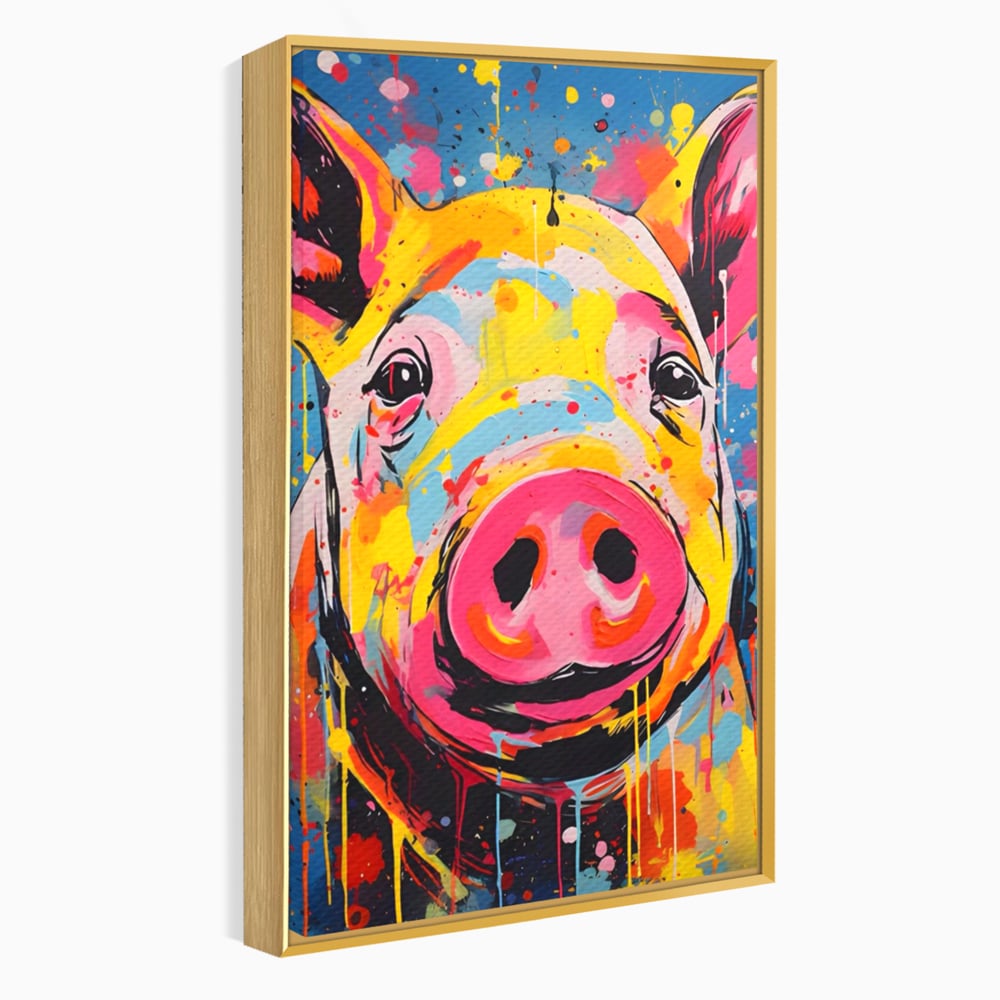Tablou canvas cu tablou canvas portret de porc colorat, in rama de aluminiu auriu